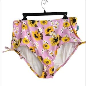 Decree Pink Floral And Sunflowers High Waist Bikini Bottom Swimwear NWT
